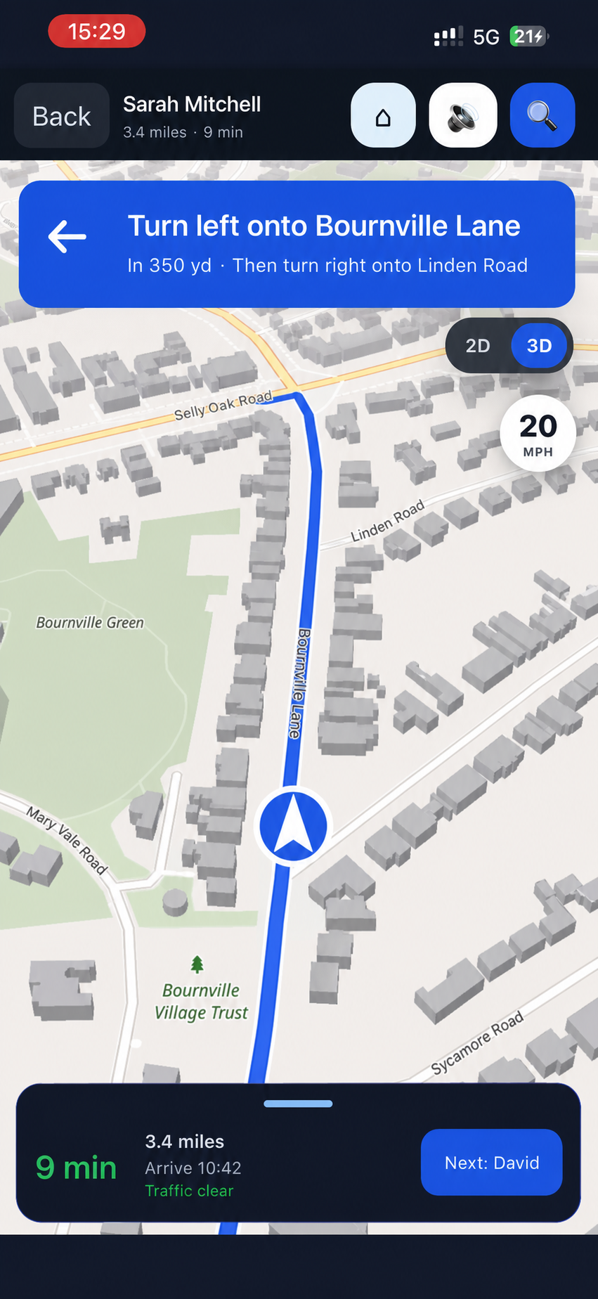 Scrubix turn-by-turn navigation showing a Birmingham route
